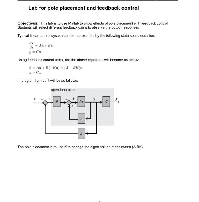 Solved Lab For Pole Placement And Feedback Control | Chegg.com