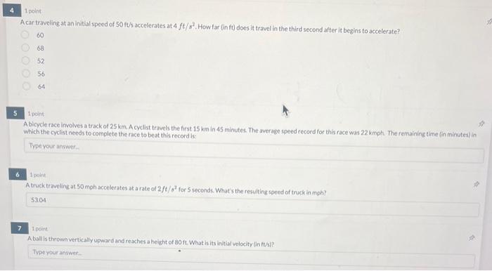 Solved 1 point A car traveling at an initial speed of 50ft/s | Chegg.com