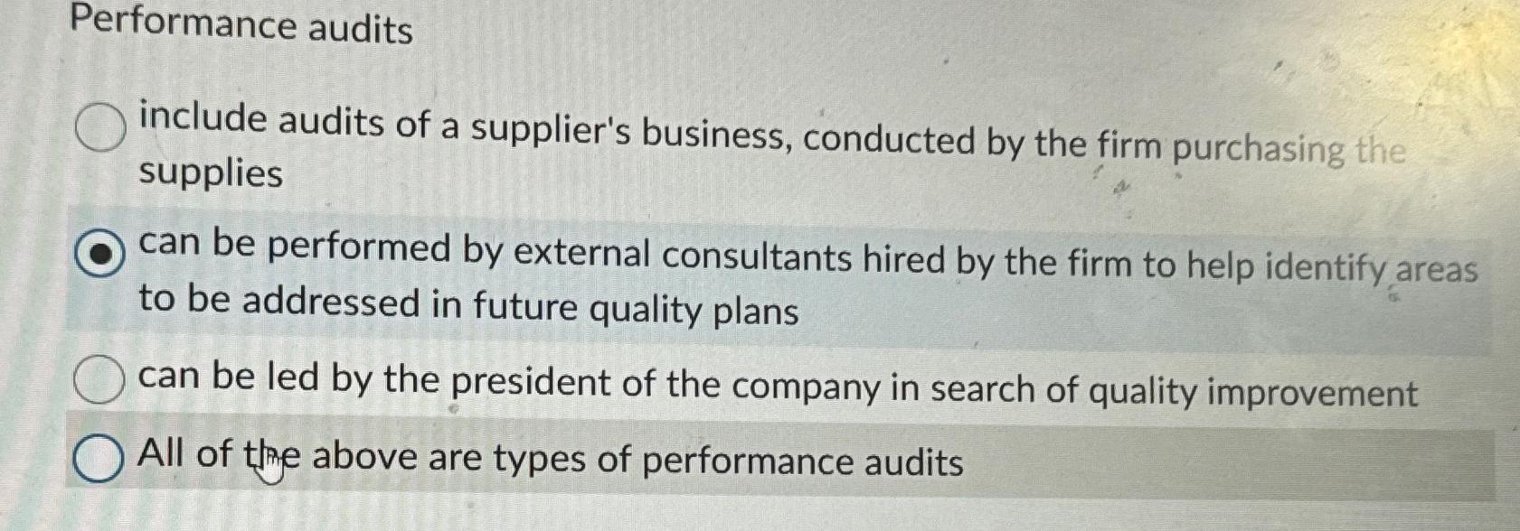 Solved Performance Auditsinclude Audits Of A Supplier's | Chegg.com