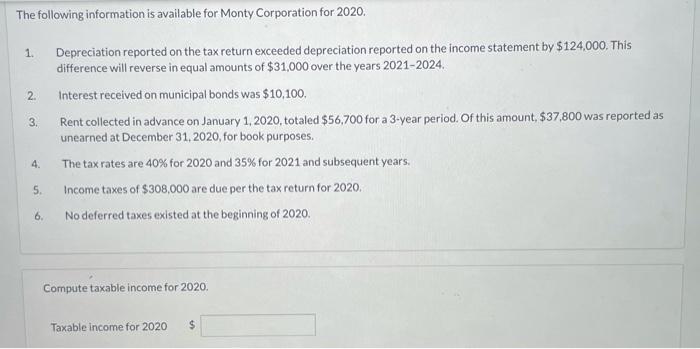 Solved The following information is available for Monty | Chegg.com