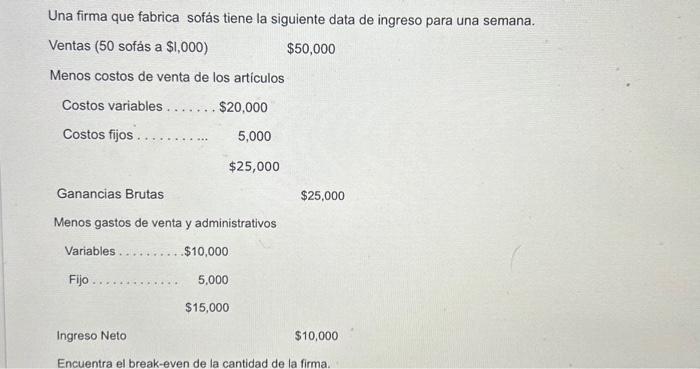 Una firma que fabrica sofás tiene la siguiente data de ingreso para una semana. Ventas ( 50 sofás a \( \$ 1,000) \) \[ \$ 50,