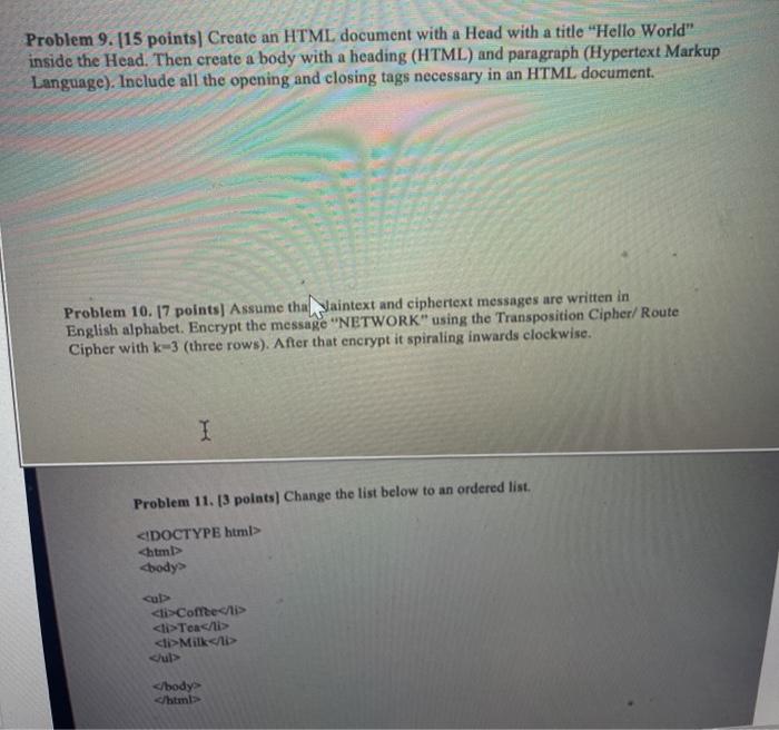 Solved Problem 9. (15 points) Create an HTML document with a | Chegg.com