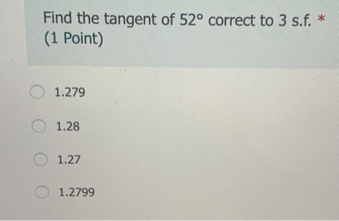 Solved Find the tangent of 52° correct to 3 s.f. * (1 Point) | Chegg.com