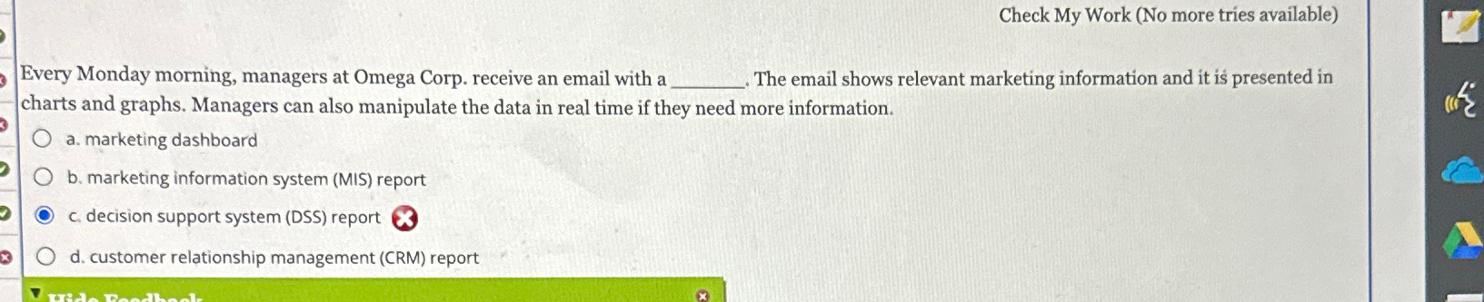 Solved Check My Work (No more tries available)Every Monday | Chegg.com