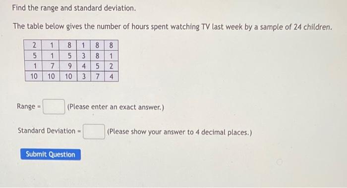 Solved find the range and standard deviation THe table below | Chegg.com