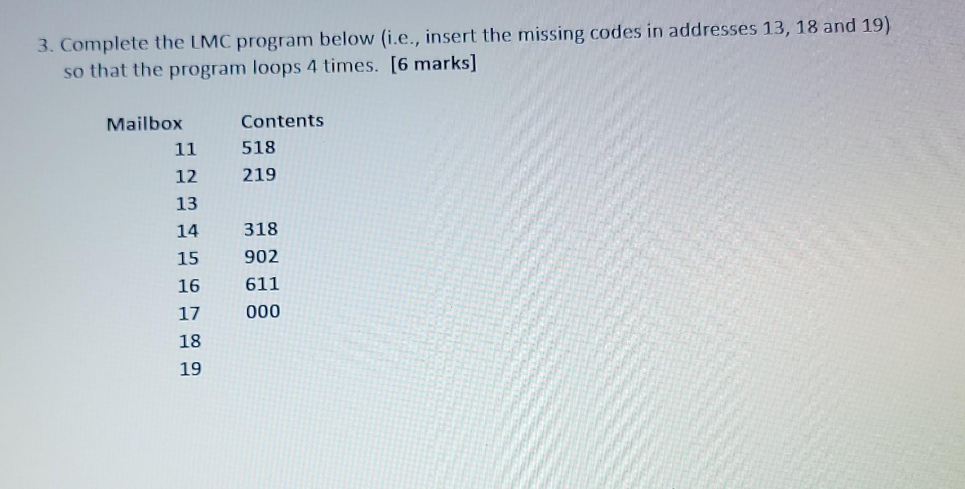 Solved 3. Complete the LMC program below (i.e., insert the | Chegg.com