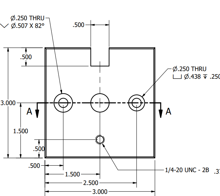 Solved 0.250 THRU 0.507 X 82° .500 .500 -0.250 THRU U 0.438 | Chegg.com