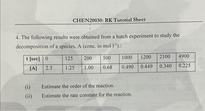 Solved 4. The following results were obtained from a batch | Chegg.com