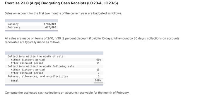 Solved Exercise 23.8 (Algo) Budgeting Cash Receipts (LO23-4, | Chegg.com