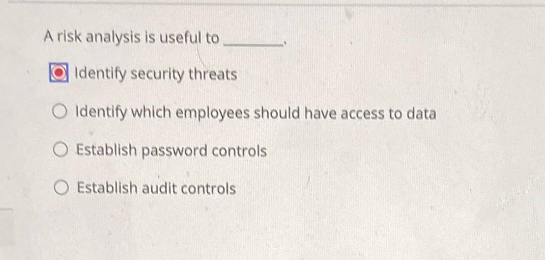 Solved A risk analysis is useful to Identify security | Chegg.com