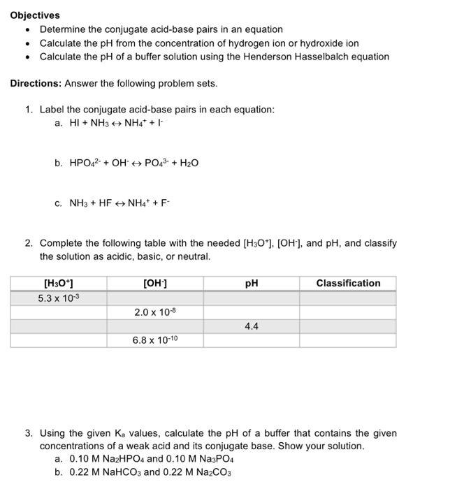 Solved Objectives • Determine the conjugate acid-base pairs | Chegg.com