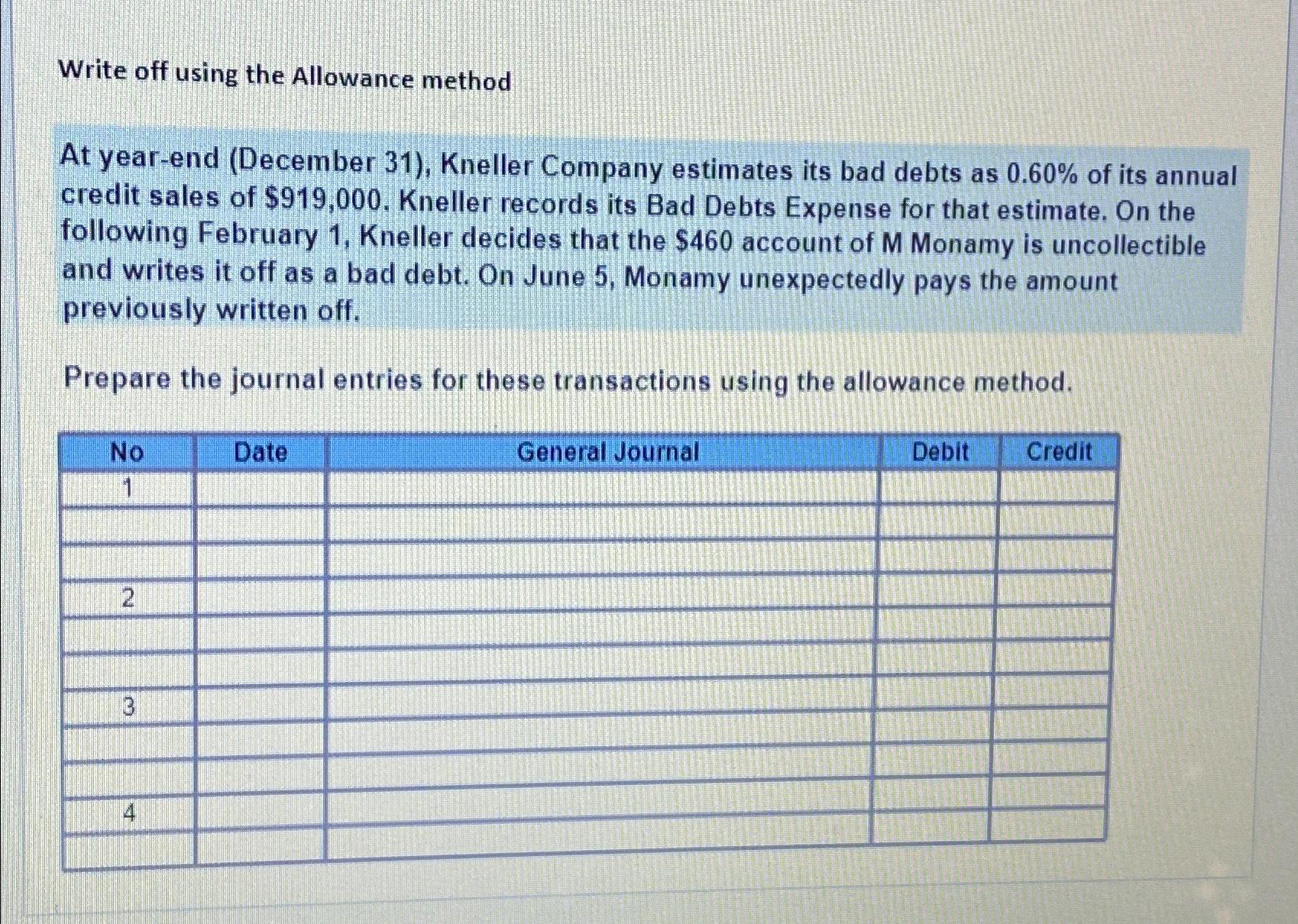 Solved Write off using the Allowance methodAt year-end | Chegg.com