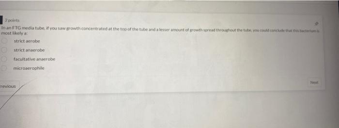 2 points
In an FTG media tube, if you saw growth concentrated at the top of the tube and a lesser amount of growth spread thr