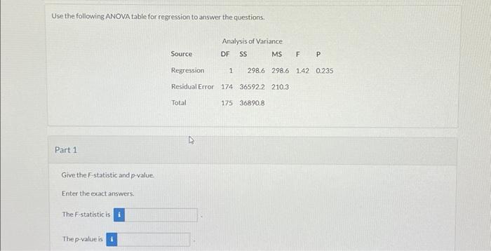 Solved Use the following ANOVA table for regression to | Chegg.com