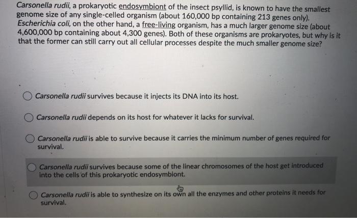 Solved Carsonella rudii, a prokaryotic endosymbiont of the | Chegg.com