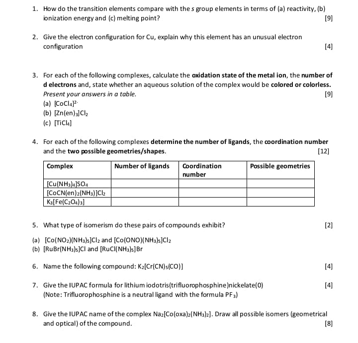 Solved 1. How do the transition elements compare with the s | Chegg.com