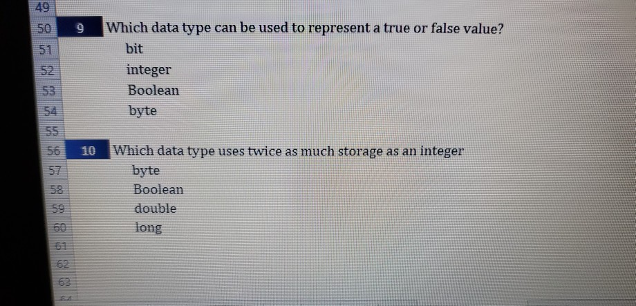 Solved 49 50 9 51 Which data type can be used to represent a | Chegg.com