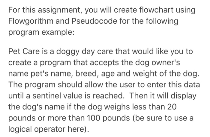 For this assignment, you will create flowchart using Flowgorithm and Pseudocode for the following program example: Pet Care i