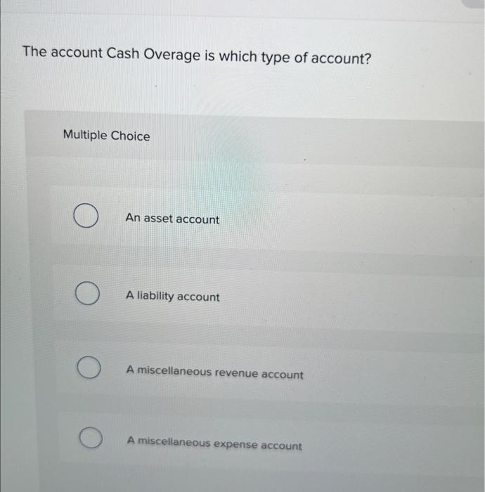 Solved The account Cash Overage is which type of account? | Chegg.com