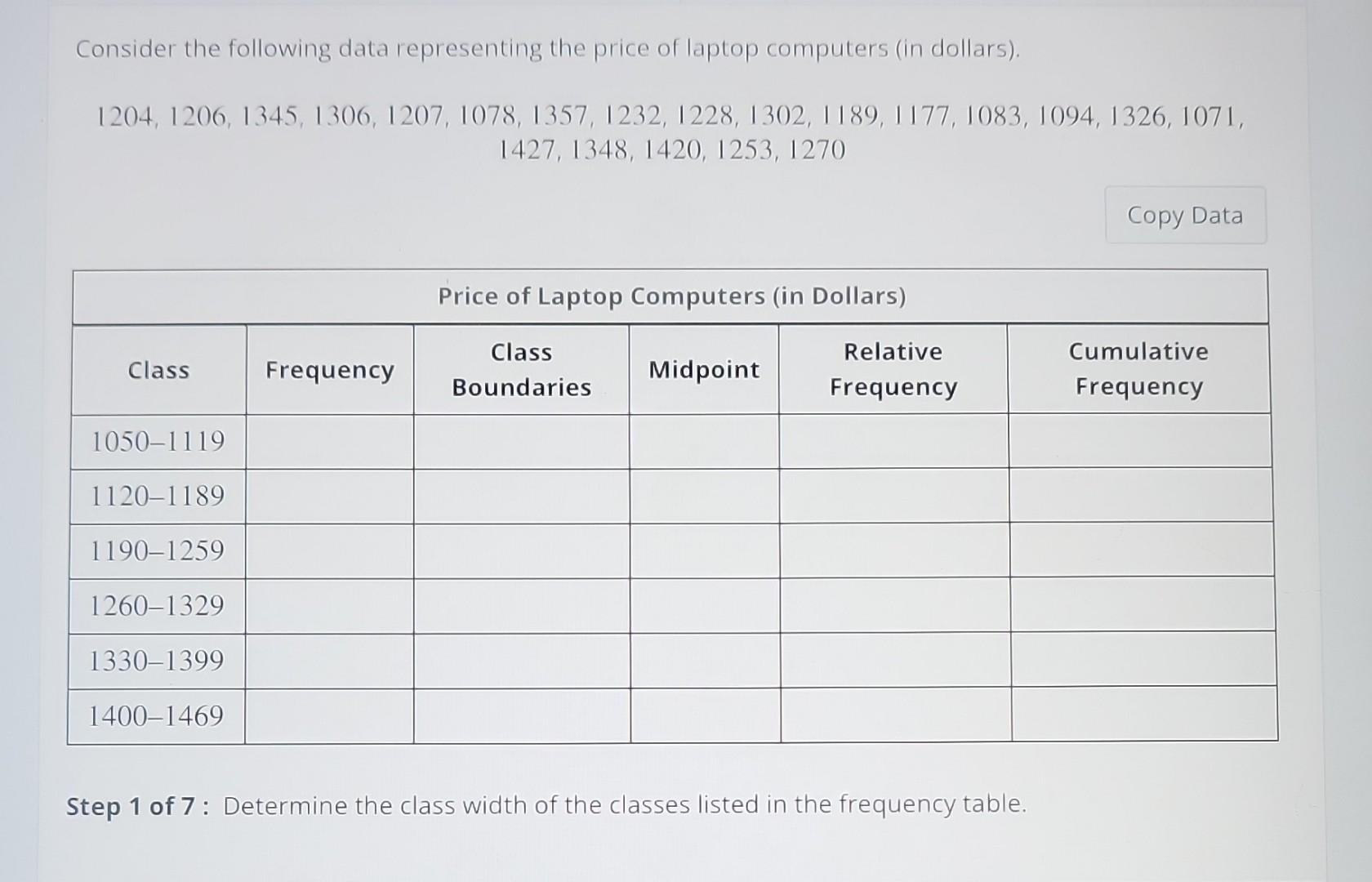 Solved Consider the following data representing the price of | Chegg.com