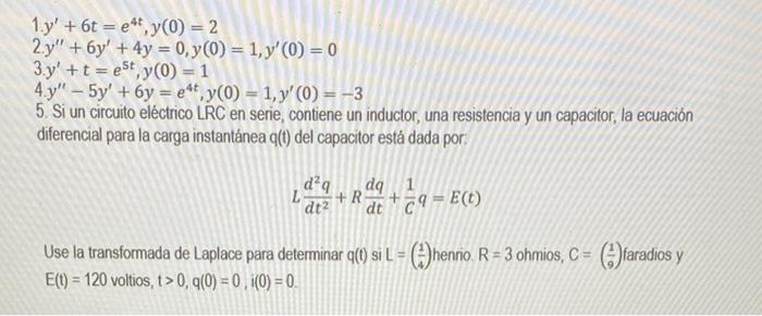 \[ \begin{array}{l} \text { 1. } y^{\prime}+6 t=e^{4 t}, y(0)=2 \\ 2 . y^{\prime \prime}+6 y^{\prime}+4 y=0, y(0)=1, y^{\prim