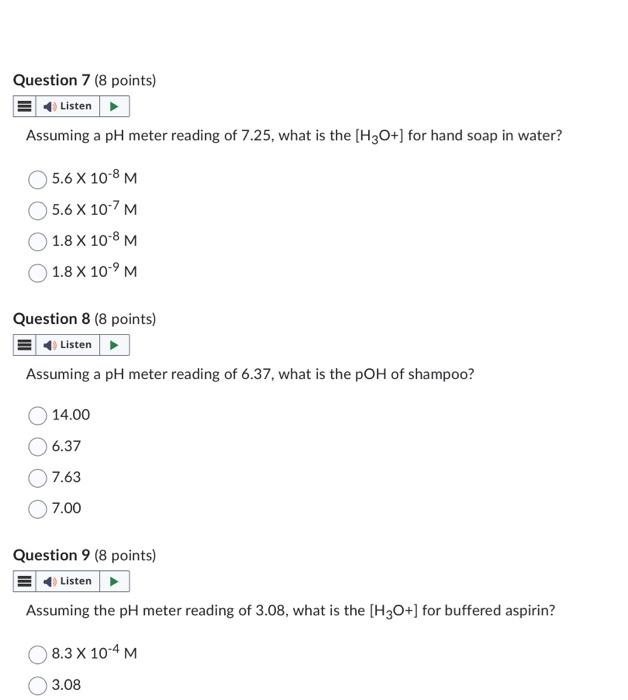 Assuming a pH meter reading of 7.25 , what is the