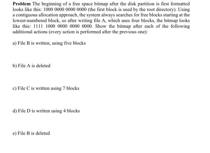 Solved Problem The beginning of a free space bitmap after