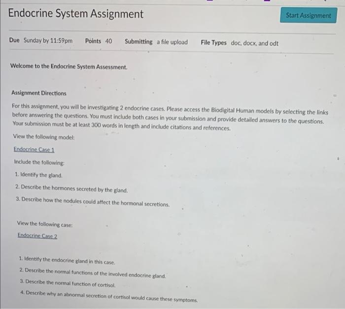 Start Assignment Endocrine System Assignment Due | Chegg.com