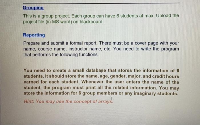 Solved Grouping This is a group project. Each group can have | Chegg.com