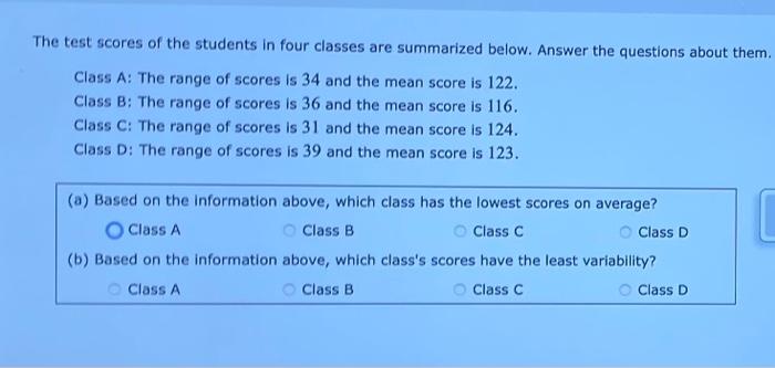 Solved The test scores of the students in four classes are | Chegg.com