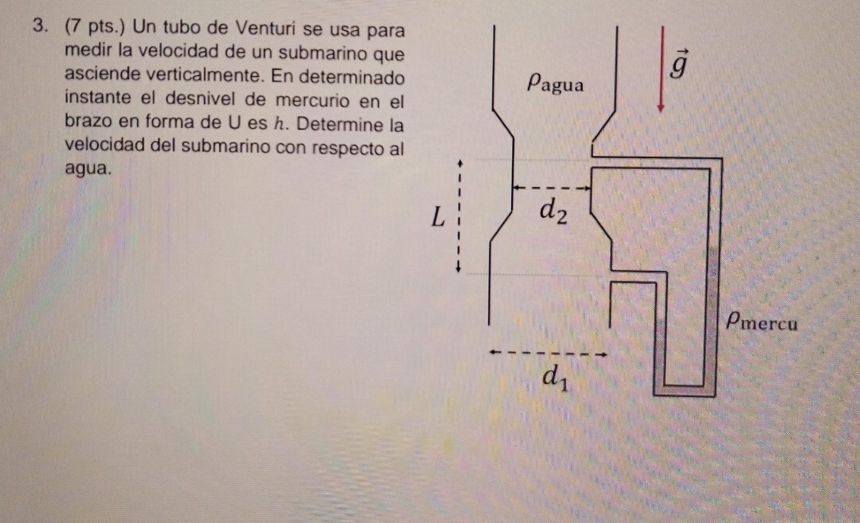 3. (7 pts.) Un tubo de Venturi se usa para medir la velocidad de un submarino que asciende verticalmente. En determinado inst