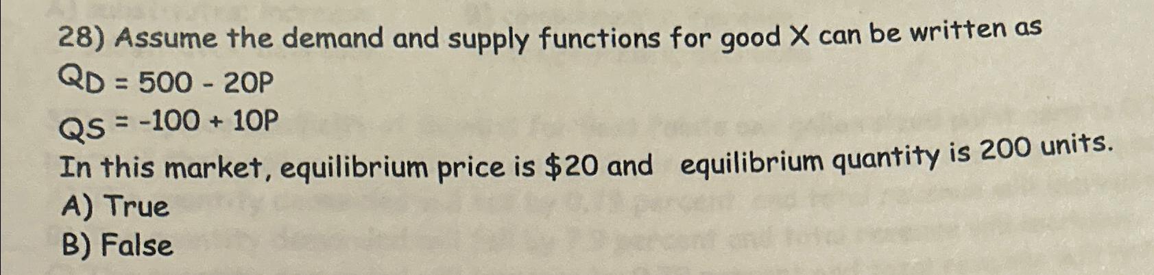 Solved Assume the demand and supply functions for good x | Chegg.com