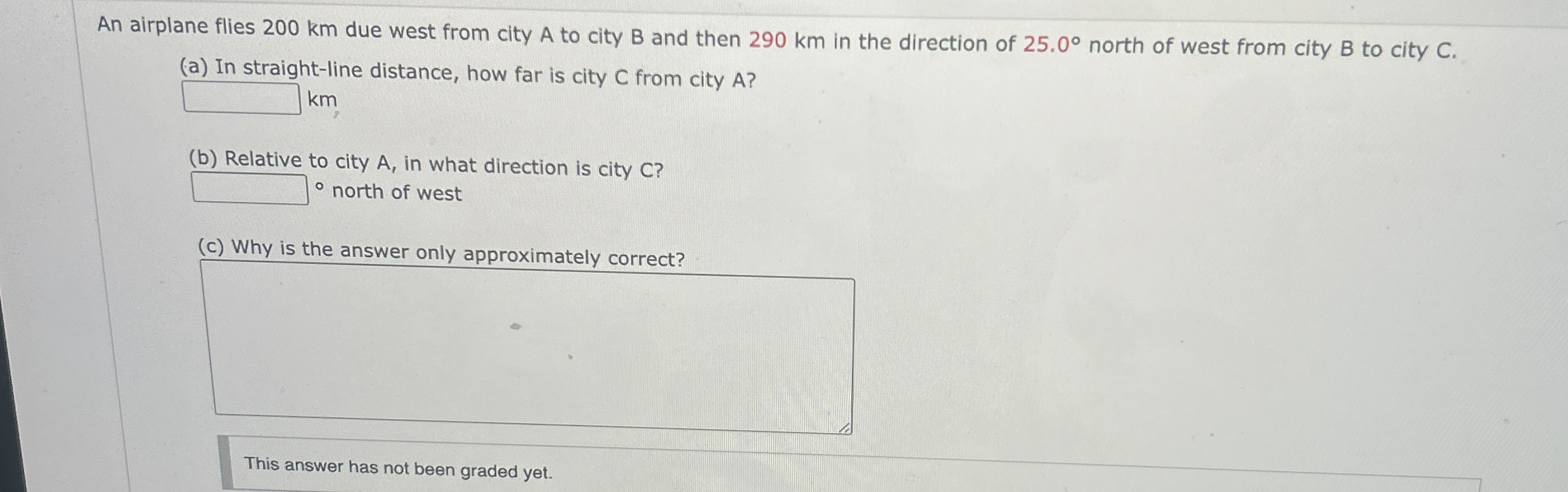Solved An airplane flies 200 ﻿km due west from city A ﻿to | Chegg.com