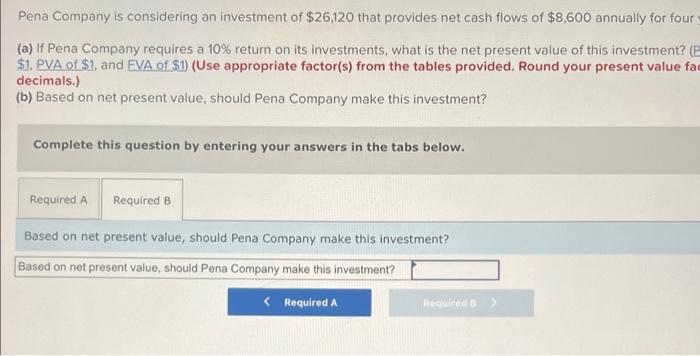 Solved Pena Company Is Considering An Investment Of 26 120 Chegg