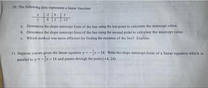 Solved 10. The following data represents a linear function: | Chegg.com