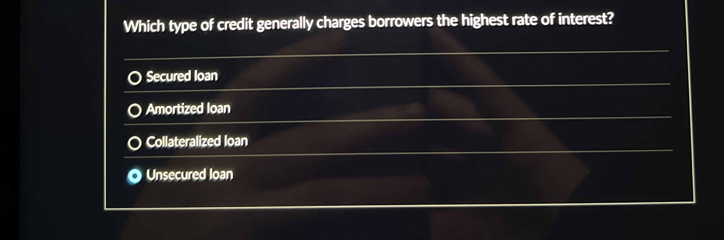 Solved Which type of credit generally charges borrowers the