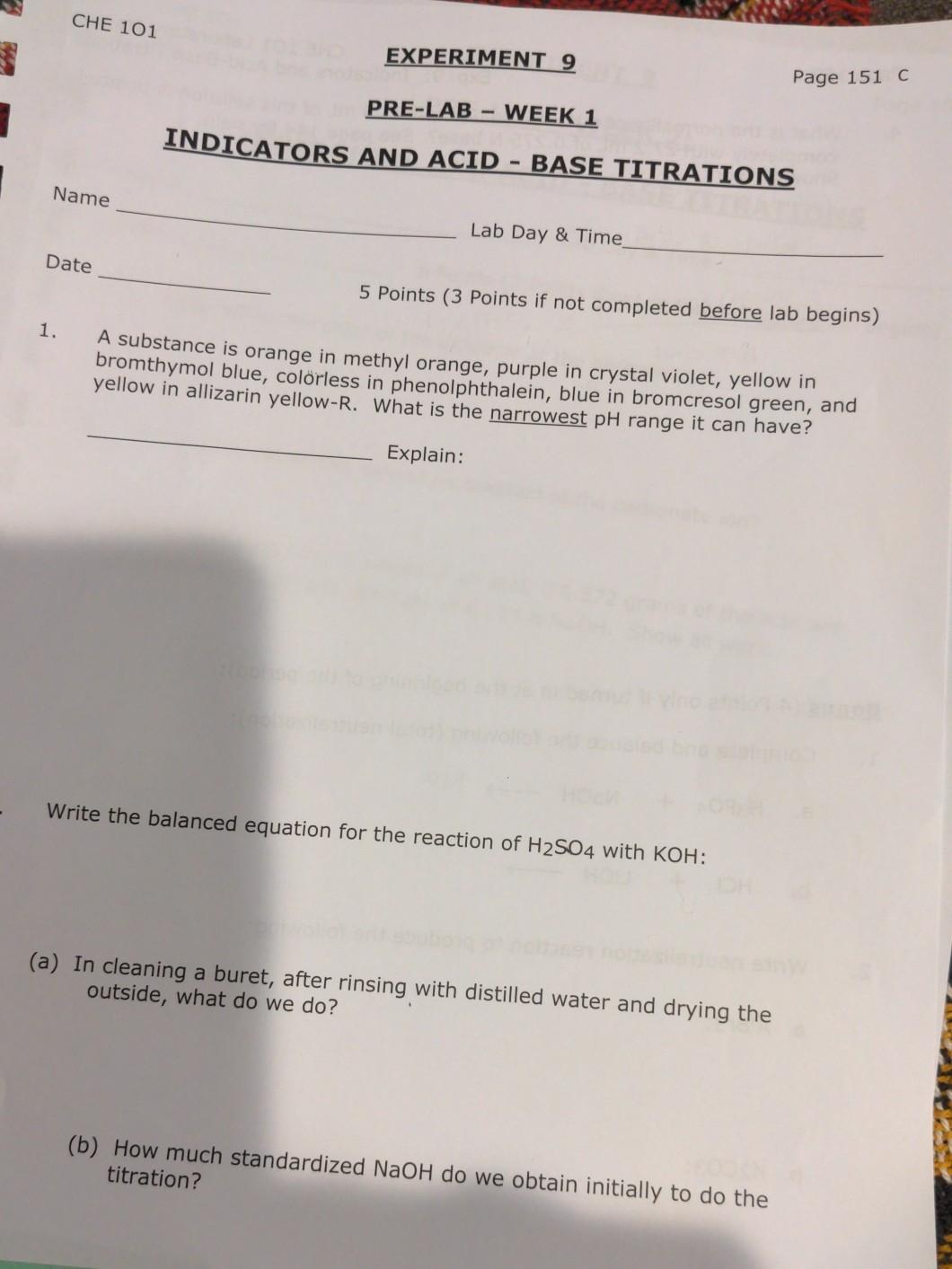 Solved CHE 101 EXPERIMENT 9 Page 151 C PRE-LAB - WEEK 1 | Chegg.com