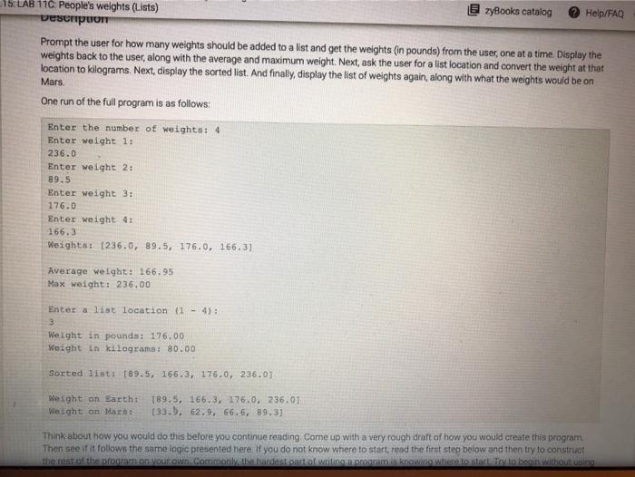 Solved -15 LAB 110 People's weights (Lists) zyBooks catalog | Chegg.com