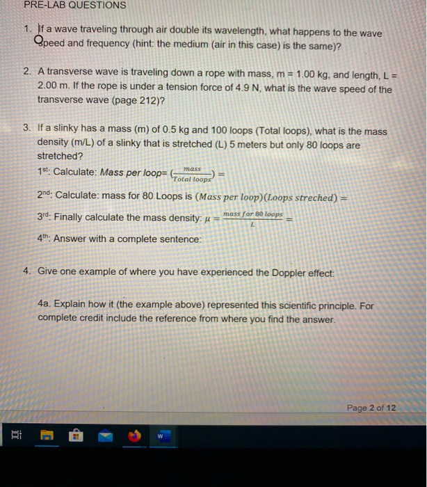 Solved PRE-LAB QUESTIONS 1. If a wave traveling through air | Chegg.com
