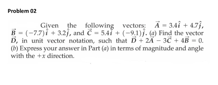 Solved Problem 02 Given the following vectors: A = 3.4î + | Chegg.com