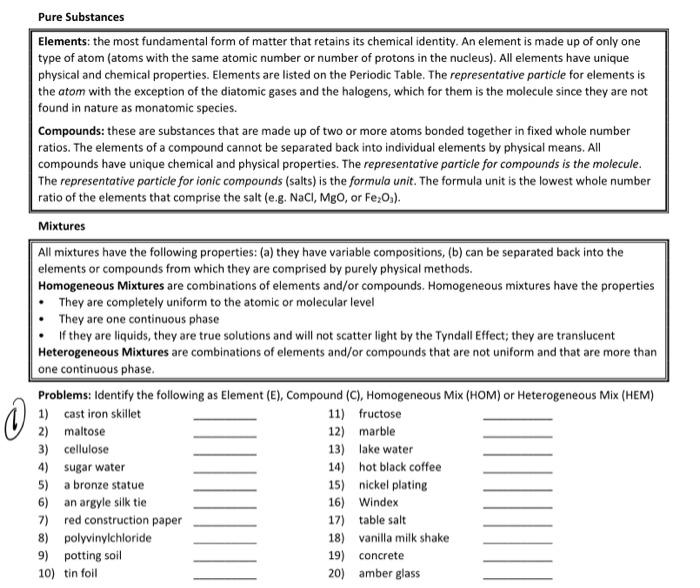 Solved Pure Substances Elements: the most fundamental form | Chegg.com