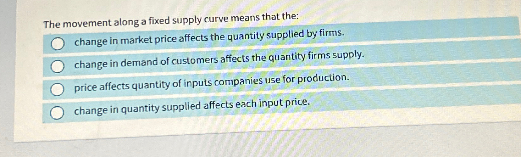Solved The movement along a fixed supply curve means that | Chegg.com