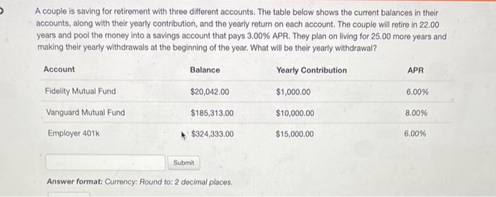 A couple is saving for retirement with three different accounts. The table below shows the current balances in their accounts