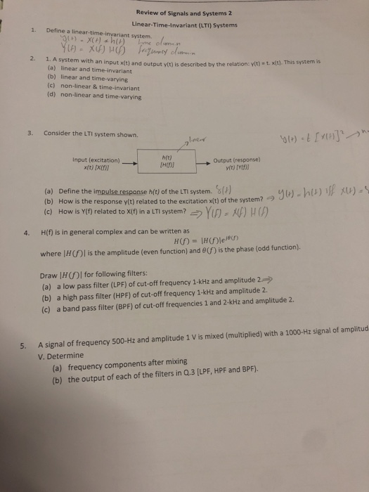 Solved 1 Review Of Signals And Systems 2 Linear Time Inv Chegg Com