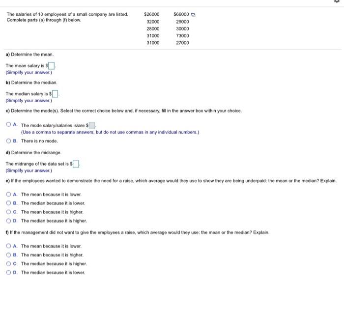 Solved The salaries of 10 employees of a small company are | Chegg.com
