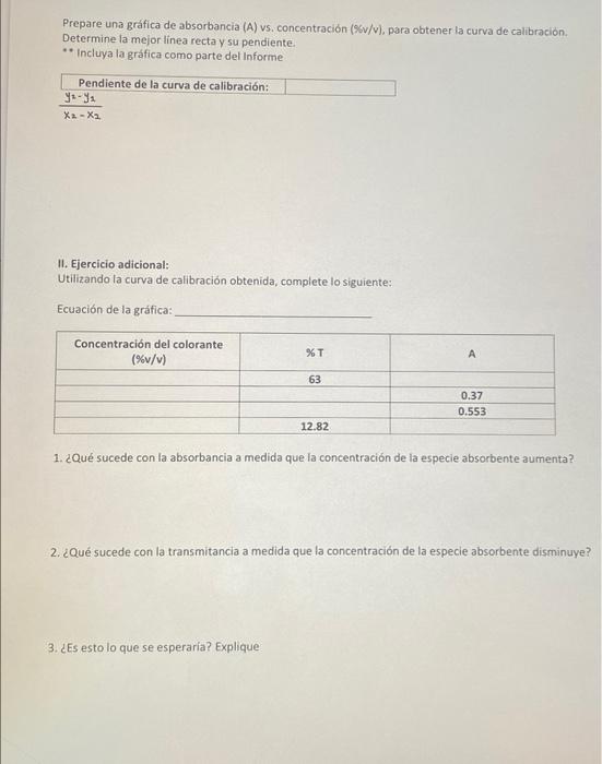 Prepare una gráfica de absorbancia (A) vs. concentración (%v/v), para obtener la curva de calibración, Determine la mejor lin