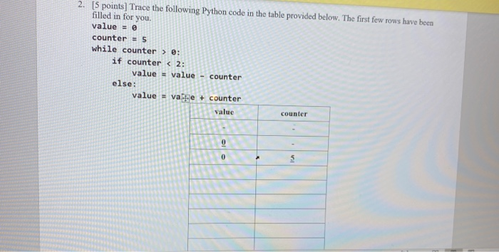 Code Tracing Python Answer Solved 2. [5 points) Trace the following Python code in the | Chegg.com