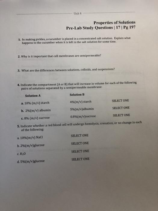 Solved Unit 4 Properties of Solutions PreLab Study