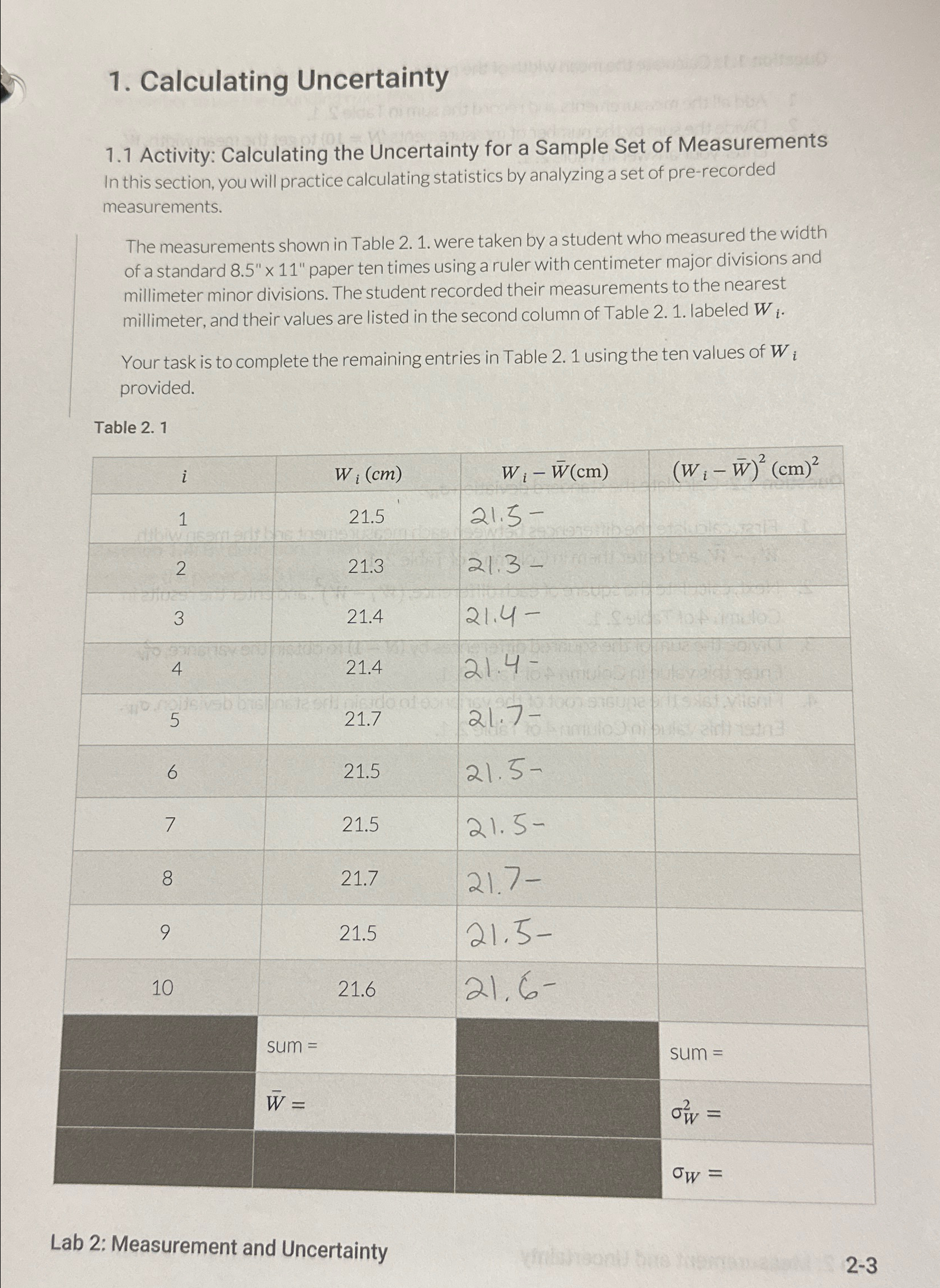 Solved Calculating Uncertainty1.1 ﻿Activity: Calculating the | Chegg.com