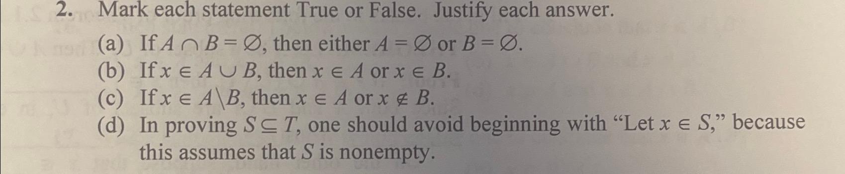 Solved Mark Each Statement True Or False. Justify Each | Chegg.com